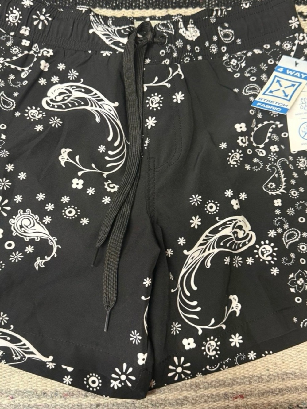 Source Unknown Black Athletic Shorts with White Paisley Print